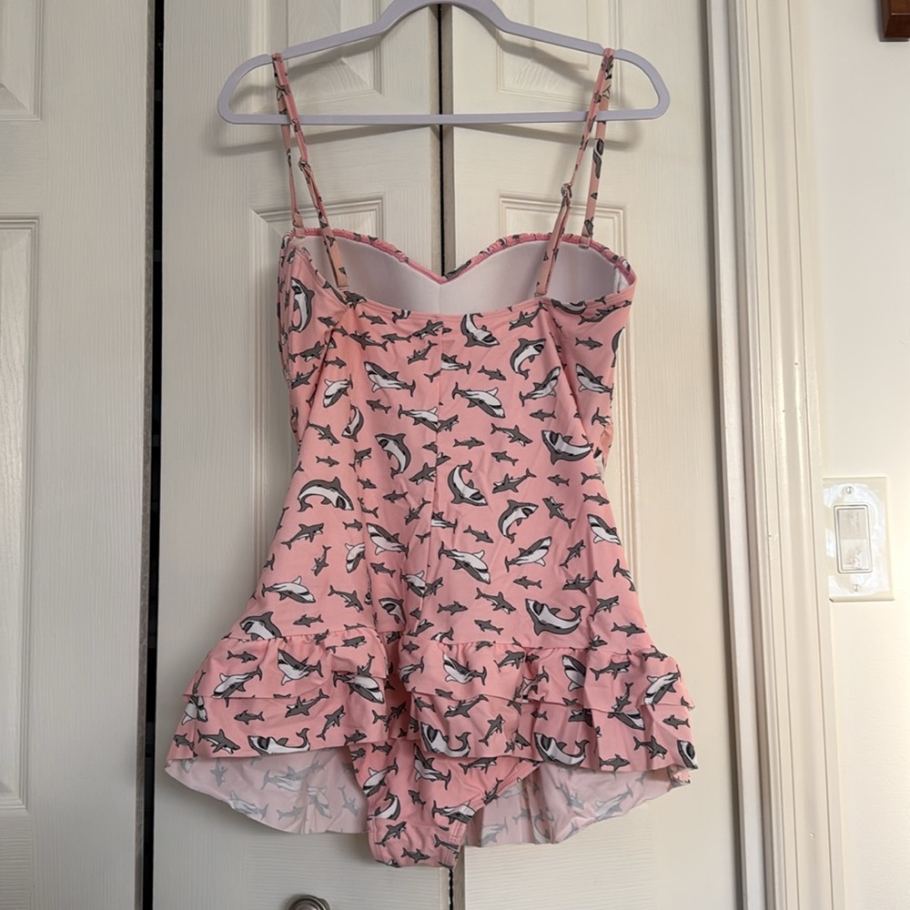 Shark Swimsuit One Piece Vintage Pinup Style Ruffle Skirt - Picture 4 of 8
